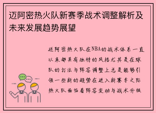 迈阿密热火队新赛季战术调整解析及未来发展趋势展望