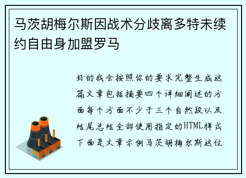 马茨胡梅尔斯因战术分歧离多特未续约自由身加盟罗马
