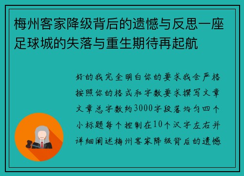梅州客家降级背后的遗憾与反思一座足球城的失落与重生期待再起航