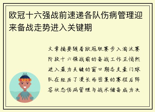 欧冠十六强战前速递各队伤病管理迎来备战走势进入关键期