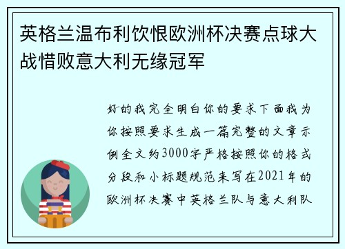 英格兰温布利饮恨欧洲杯决赛点球大战惜败意大利无缘冠军